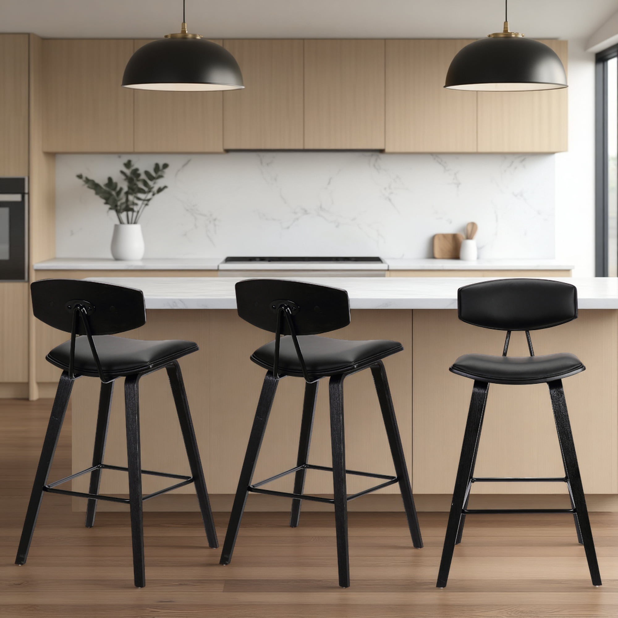 Fox 25.5" Counter Height Black Faux Leather and Black Wood Mid-Century Modern Bar Stool - Set of 3