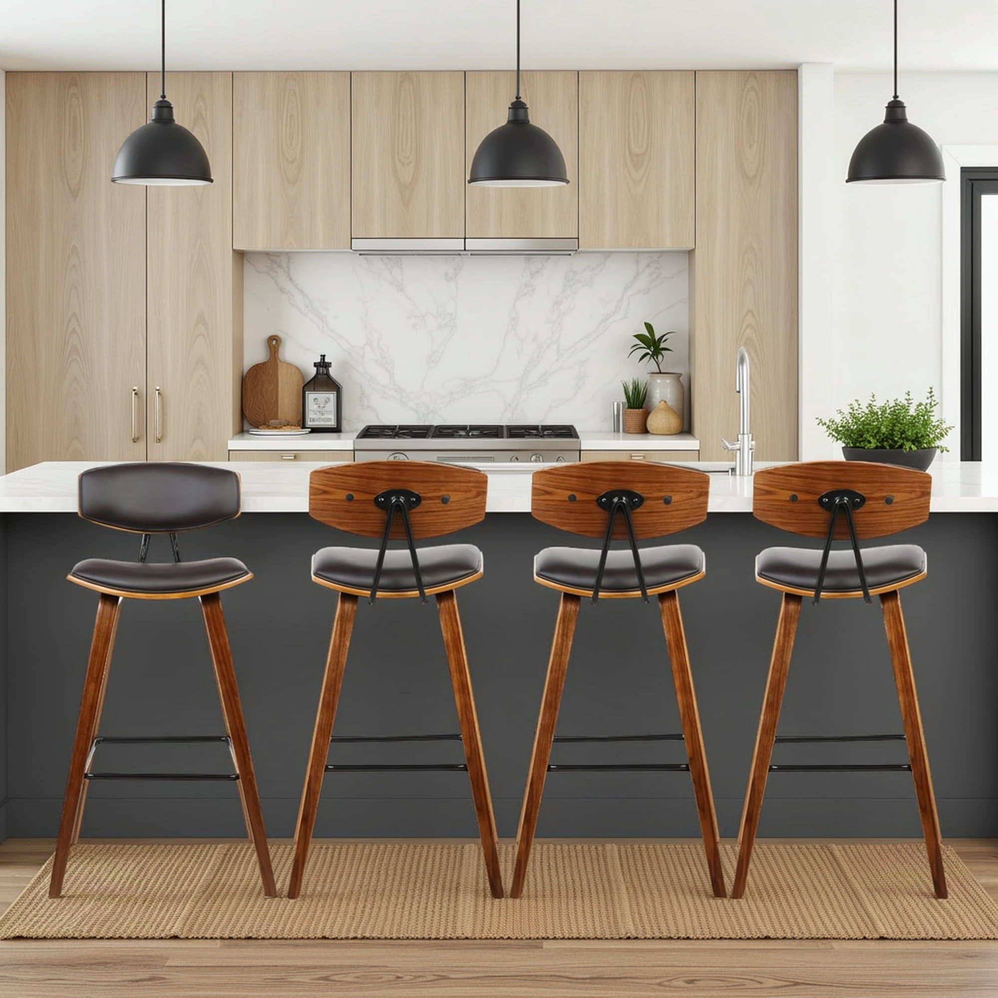 Fox 25.5" Counter Height Brown Faux Leather and Walnut Wood Mid-Century Modern Bar Stool - Set of 4