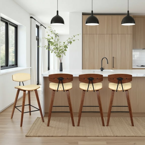 Fox 25.5" Counter Height Cream Faux Leather and Walnut Wood Mid-Century Modern Bar Stool - Set of 4
