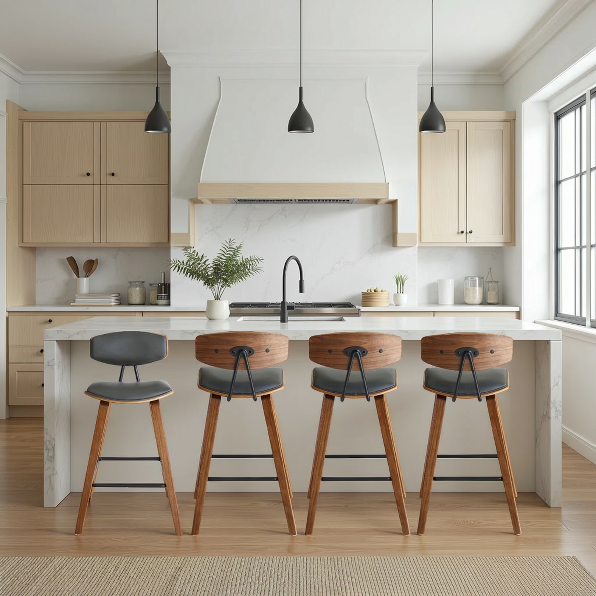 Fox 25.5" Counter Height Gray Faux Leather and Walnut Wood Mid-Century Modern Bar Stool - Set of 4