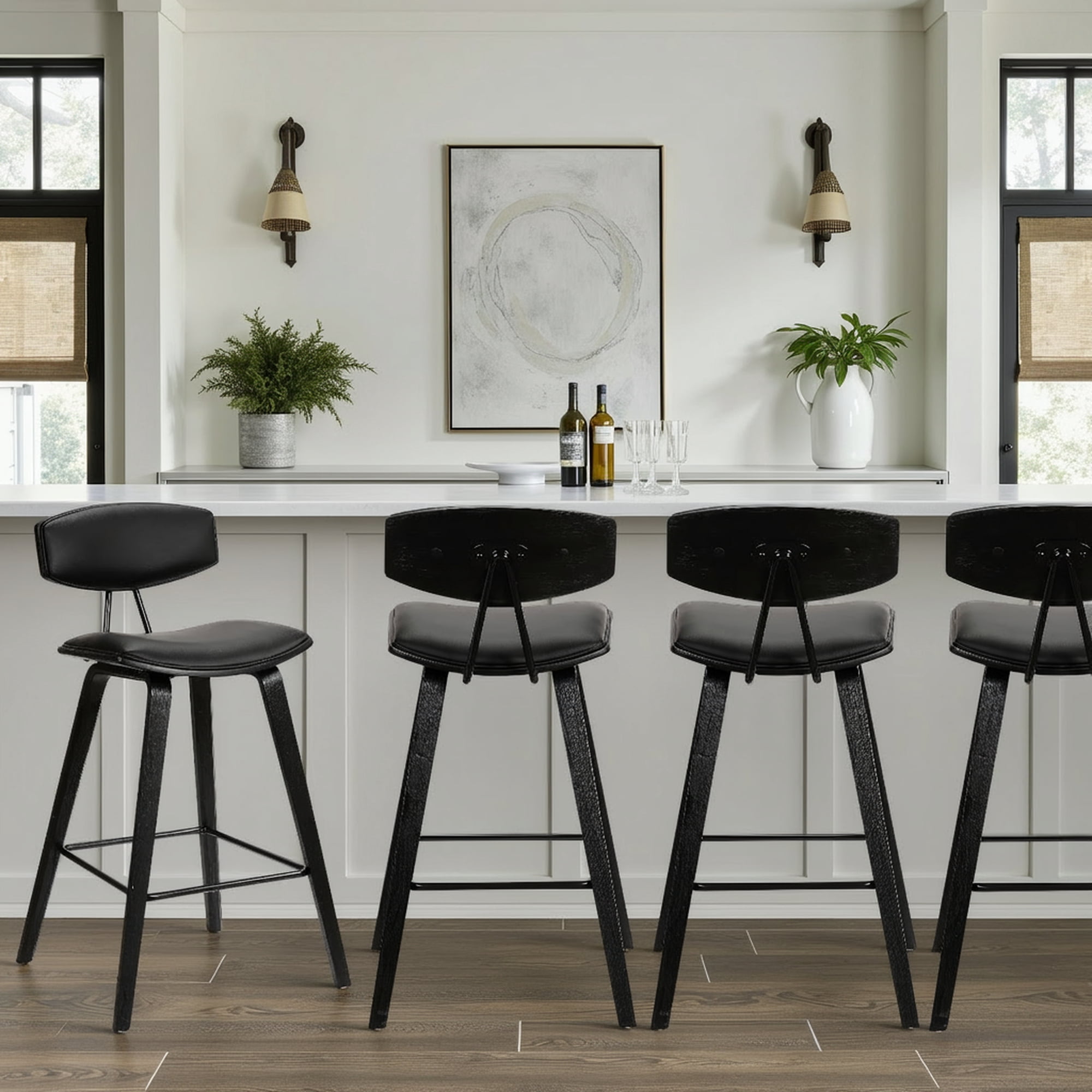 Fox 28.5" Bar Height Black Faux Leather and Black Wood Mid-Century Modern Bar Stool - Set of 4