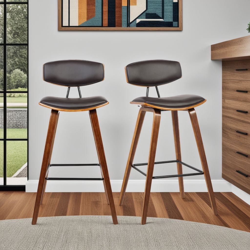 Fox 28.5" Bar Height Brown Faux Leather and Walnut Wood Mid-Century Modern Bar Stool - Set of 2