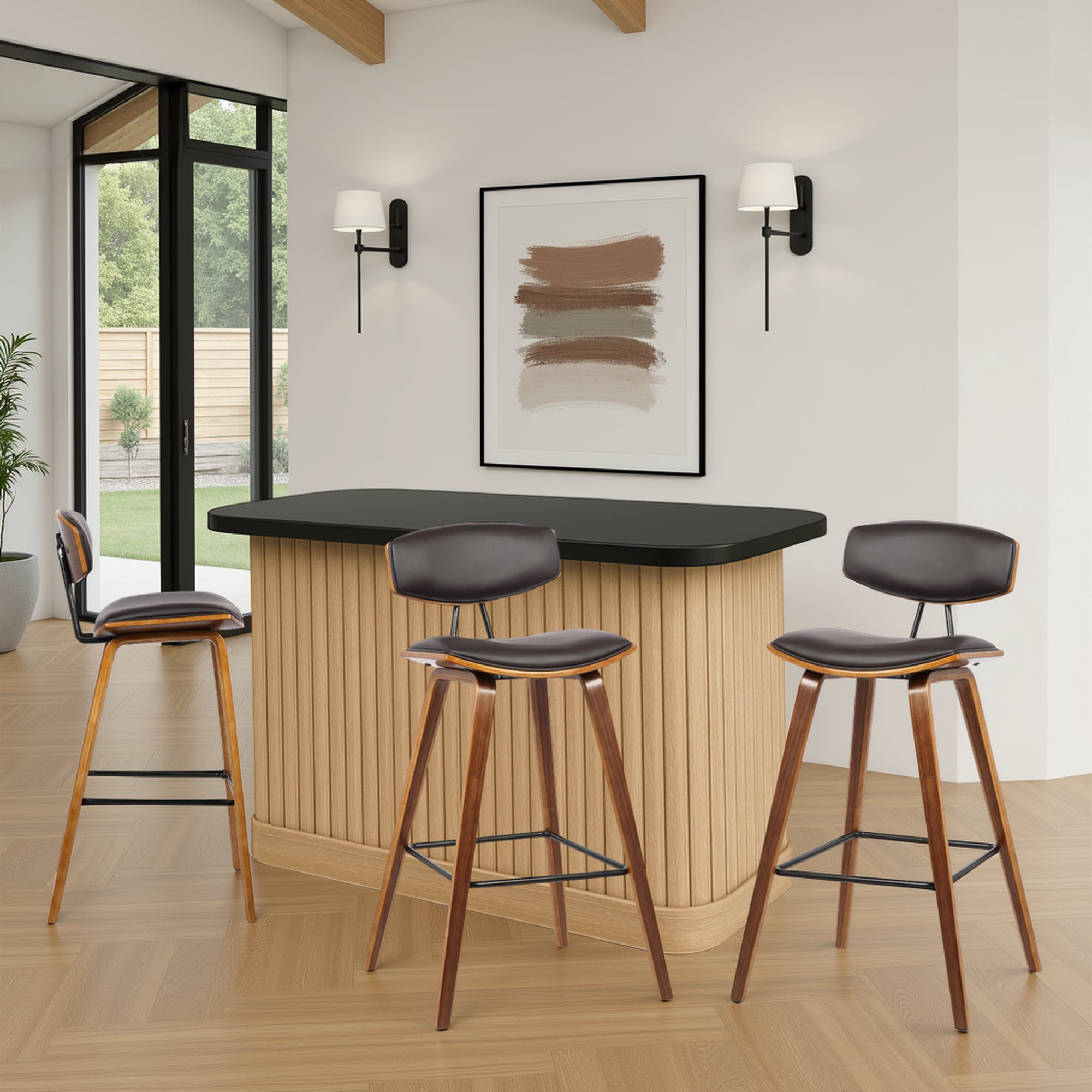 Fox 28.5" Bar Height Brown Faux Leather and Walnut Wood Mid-Century Modern Bar Stool - Set of 3