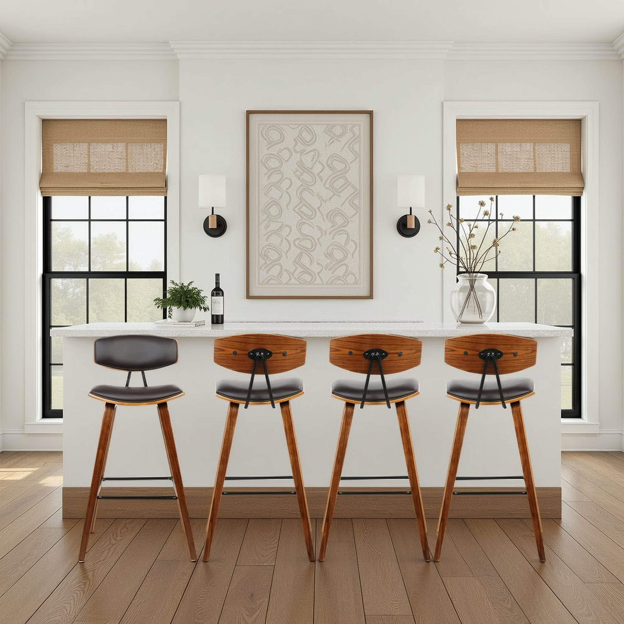 Fox 28.5" Bar Height Brown Faux Leather and Walnut Wood Mid-Century Modern Bar Stool - Set of 4