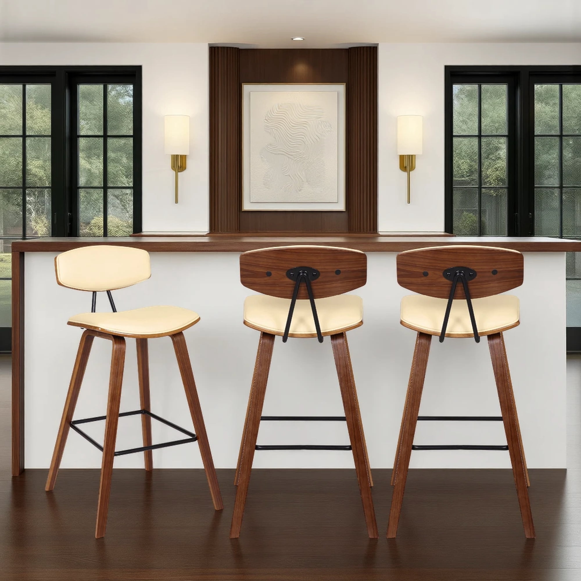 Fox 28.5" Bar Height Cream Faux Leather and Walnut Wood Mid-Century Modern Bar Stool - Set of 3