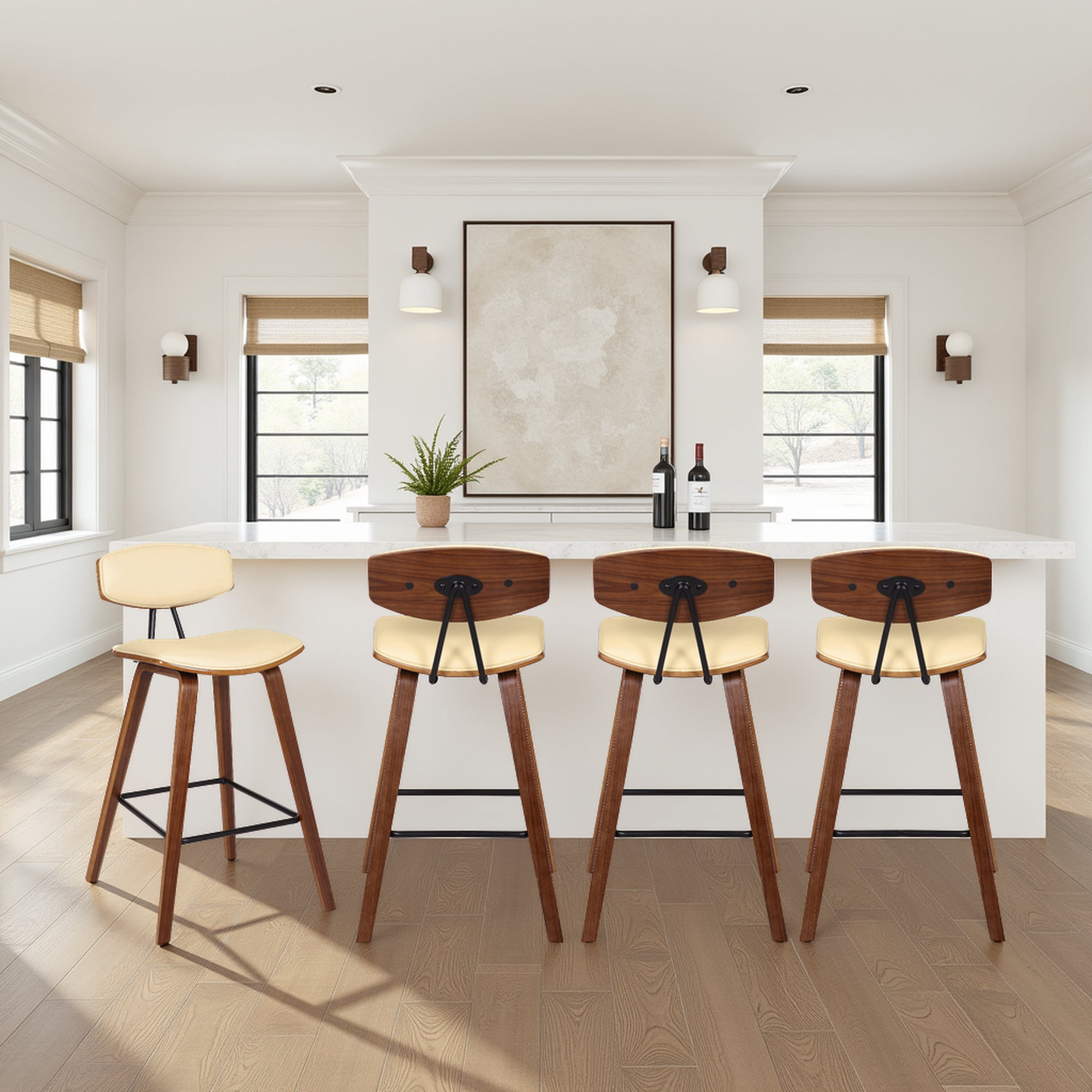 Fox 28.5" Bar Height Cream Faux Leather and Walnut Wood Mid-Century Modern Bar Stool - Set of 4