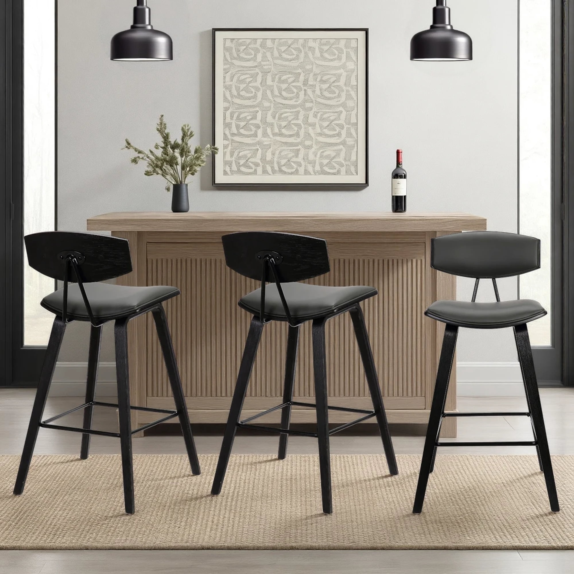 Fox 28.5" Bar Height Gray Faux Leather and Black Wood Mid-Century Modern Bar Stool - Set of 3