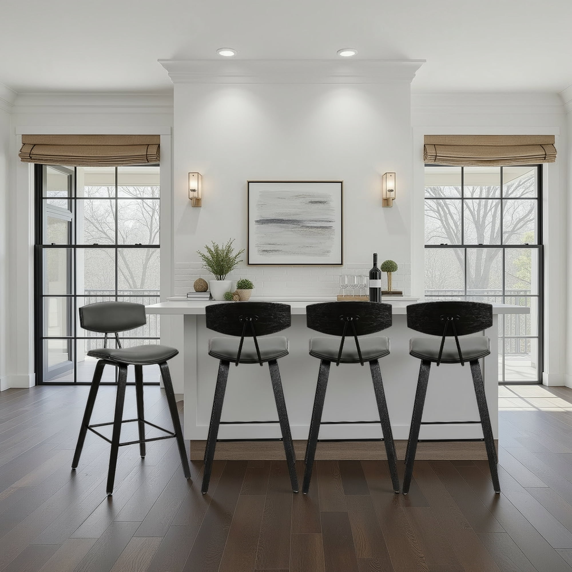 Fox 28.5" Bar Height Gray Faux Leather and Black Wood Mid-Century Modern Bar Stool - Set of 4