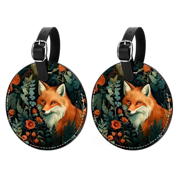 Fox 2pcs PU Leather Round Bag Tags Suitcase Handbag Tags with Privacy Cover and Name ID Tag for Travel Luggage, Handbags, Backpacks, School Bags