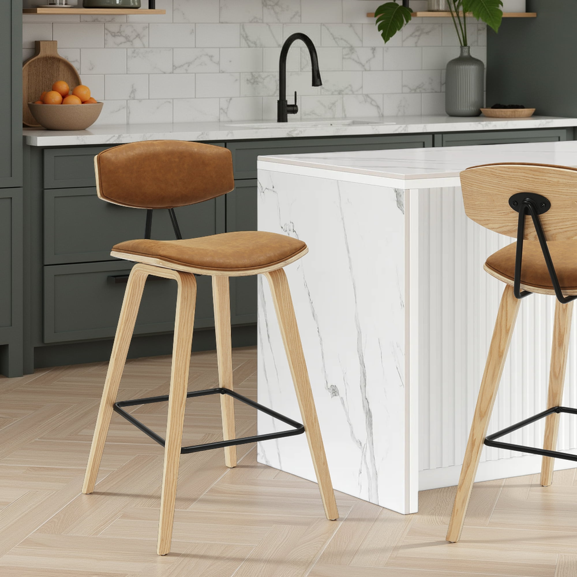 Fox 36 in. H Counter Height Camel Curved Back Wood Bar Stool with Faux Leather Seat