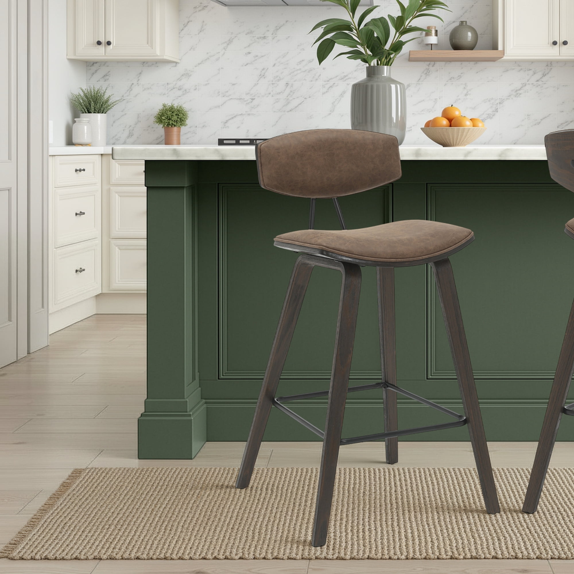 Fox 36 in. H Counter Height Vintage Dark Brown Curved Back Wood Bar Stool with Faux Leather Seat Set of 3