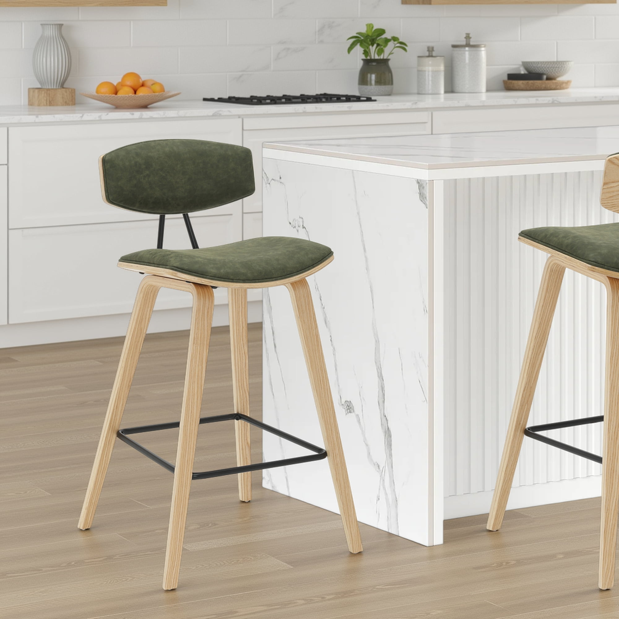 Fox 36 in. H Counter Height Vintage Green Curved Back Wood Bar Stool with Faux Leather Seat