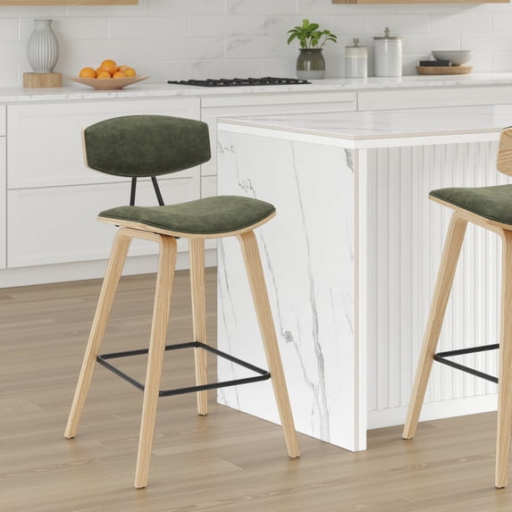 Fox 36 in. H Counter Height Vintage Green Curved Back Wood Bar Stool with Faux Leather Seat