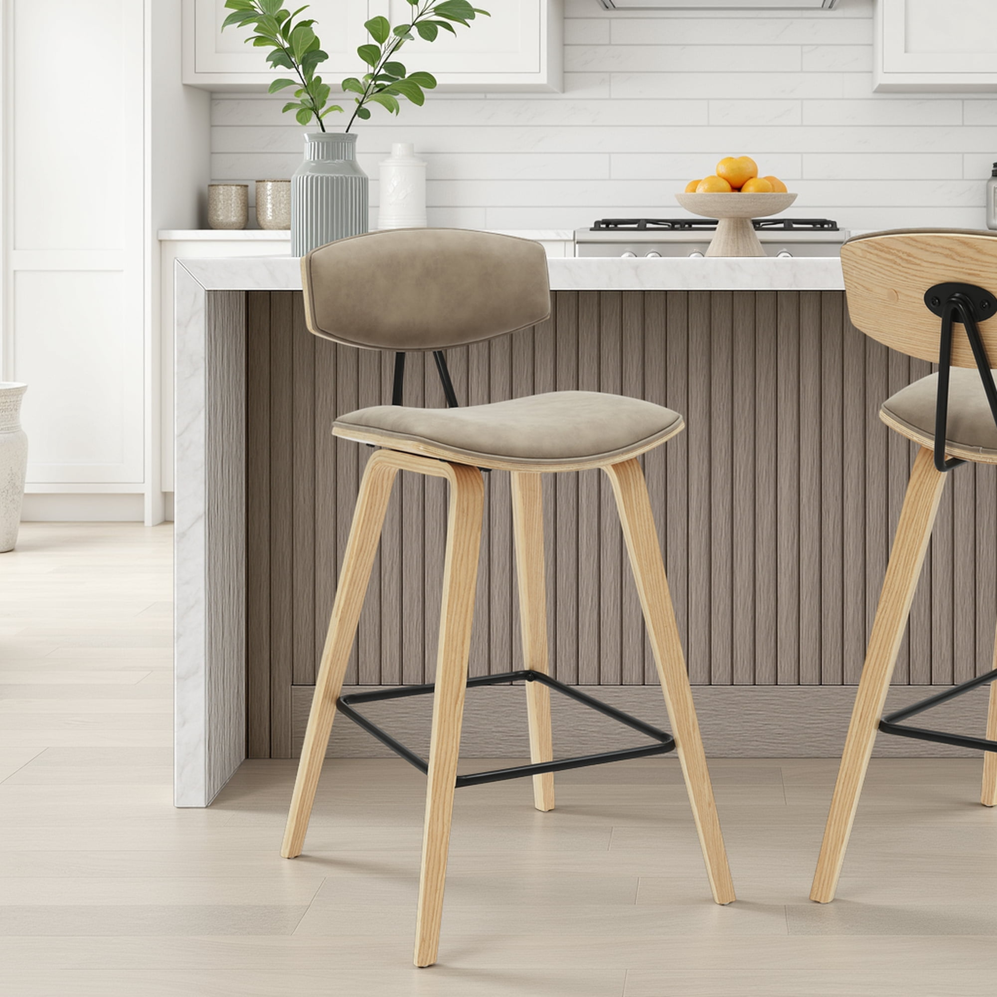 Fox 36 in. H Counter Height Vintage Taupe Curved Back Wood Bar Stool with Faux Leather Seat Set of 3