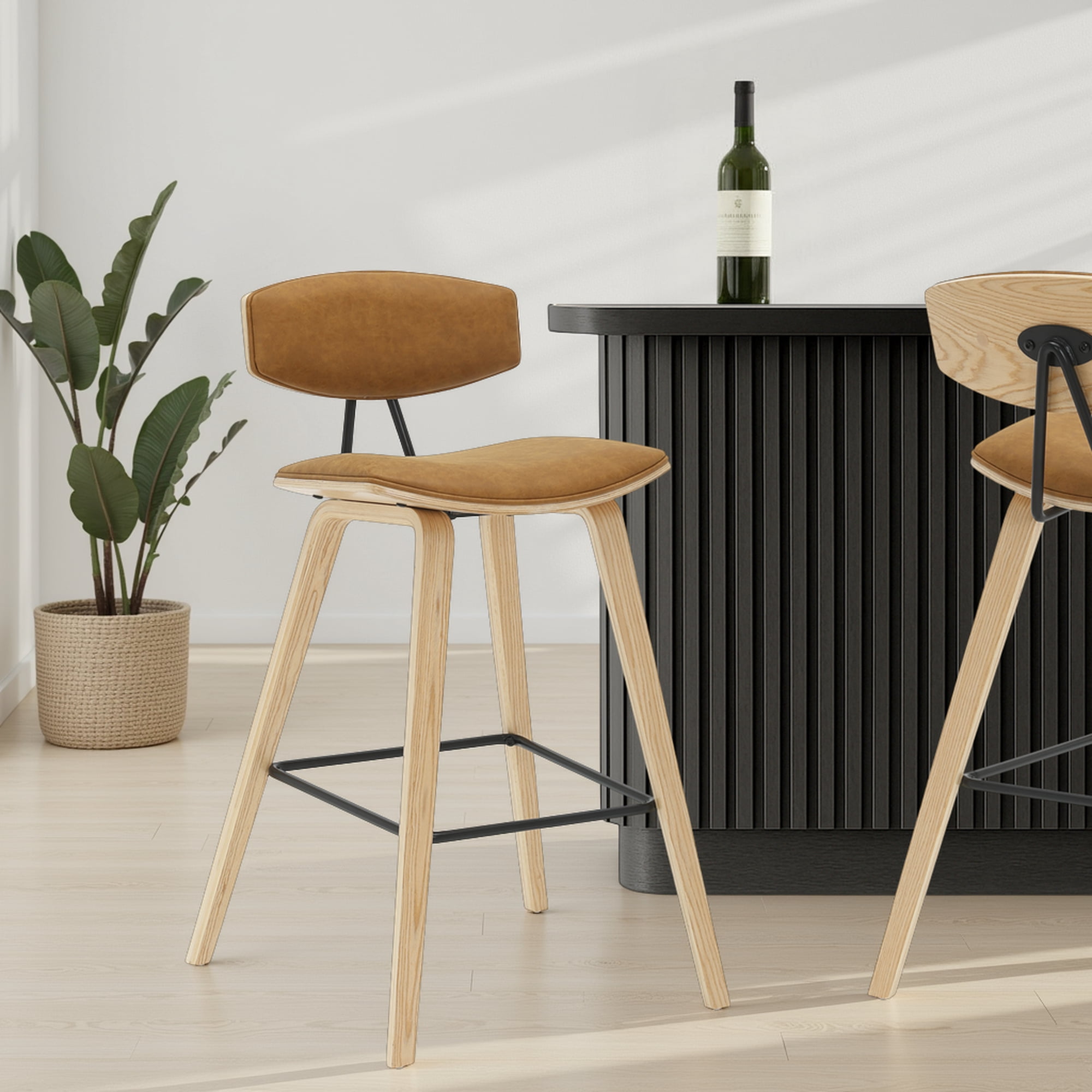 Fox 38 in. H Bar Height Camel Curved Back Wood Bar Stool with Faux Leather Seat Set of 4