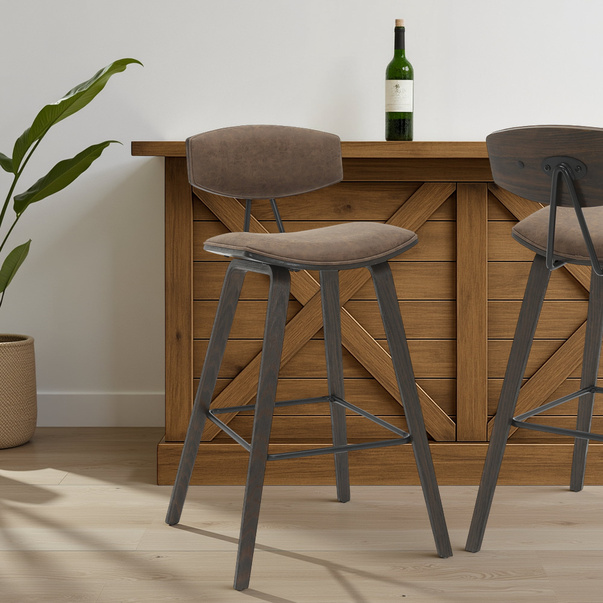 Fox 38 in. H Bar Height Vintage Dark Brown Curved Back Wood Bar Stool with Faux Leather Seat Set of 2