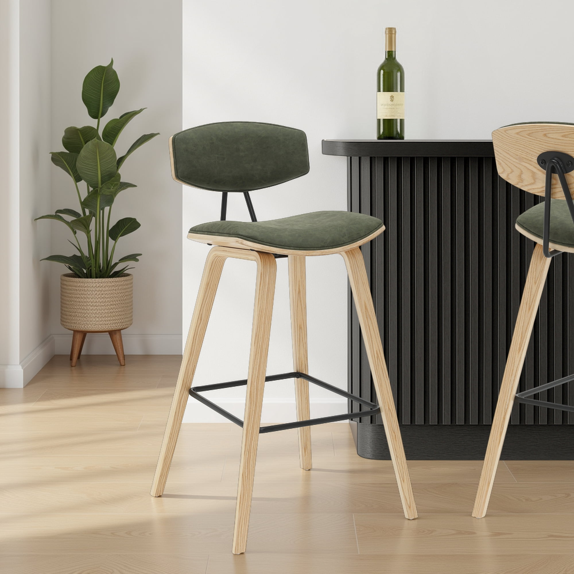 Fox 38 in. H Bar Height Vintage Green Curved Back Wood Bar Stool with Faux Leather Seat Set of 4