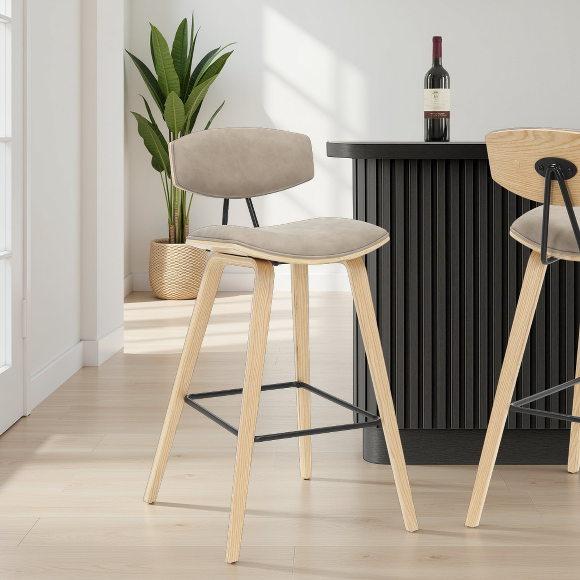 Fox 38 in. H Bar Height Vintage Taupe Curved Back Wood Bar Stool with Faux Leather Seat Set of 2