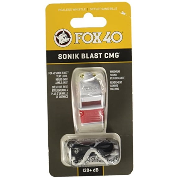 Fox 40 Sonik Blast CMG 3-Chamber Pealess Whistle + Lanyard, White/Red