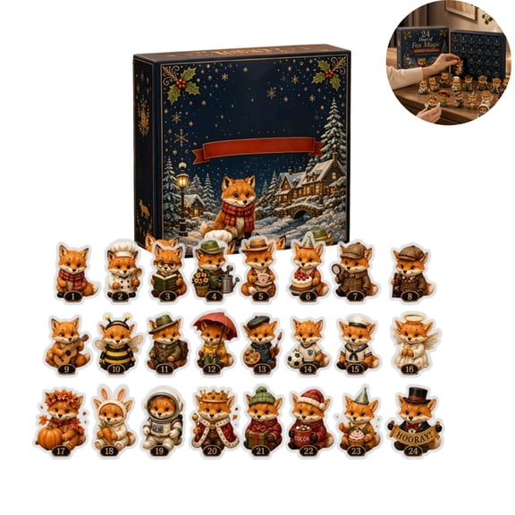 Fox Advent Calendar, 24 Days of Woodland Fox Character Acrylic Figures, Winter Village Countdown Collection