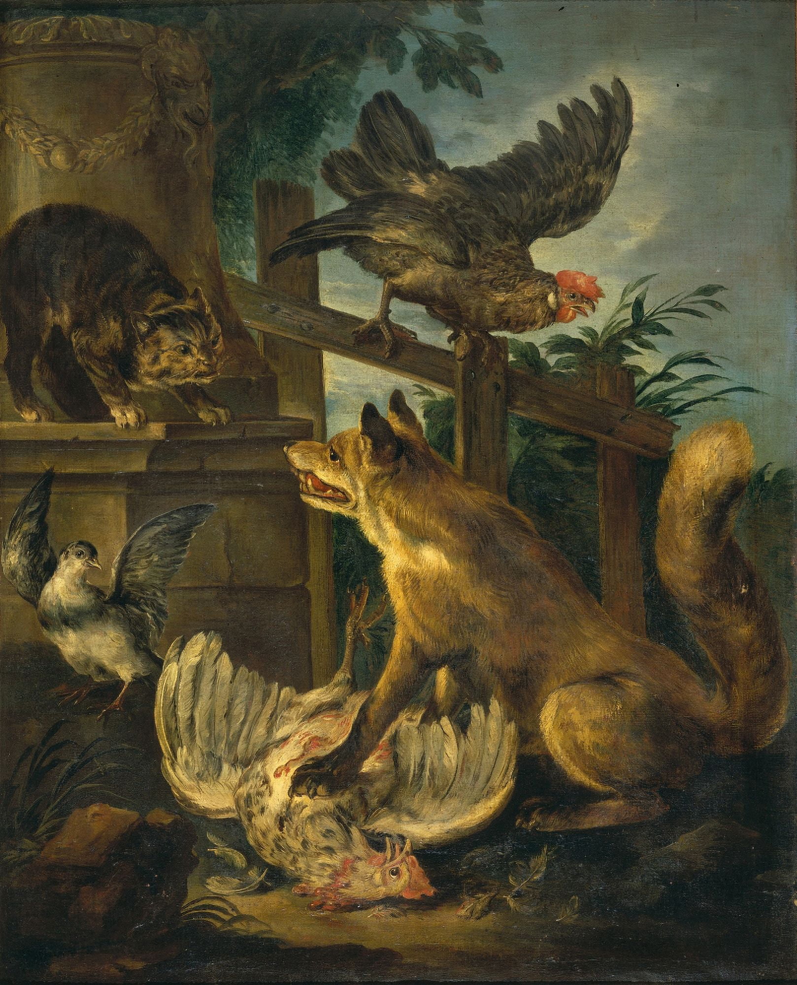 Fox And Cat Between Birds (Volpe E Gatto Tra I Volatili) Canvas Art - (24 x 36)