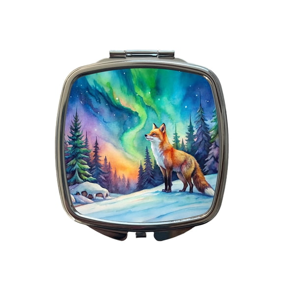 Fox And Northern Lights Watercolor Travel Makeup Handbag Purse Small Pocket Compact Mirror