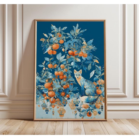 Fox And Orange Tree Poster Blue Botanical Animal Wall Art Decorative Nature Illustration P