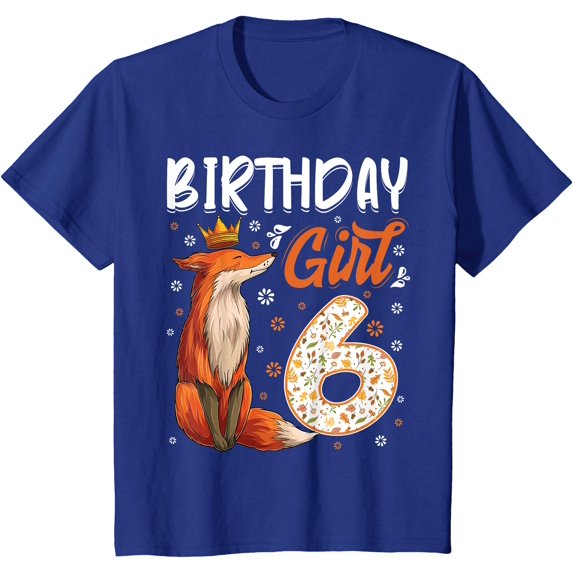 Fox Animal Lovers 6th Birthday Girl B-day 6 year old Unisex T-Shirt for Men Women Kids,Royal Blue Color,Size 2XL