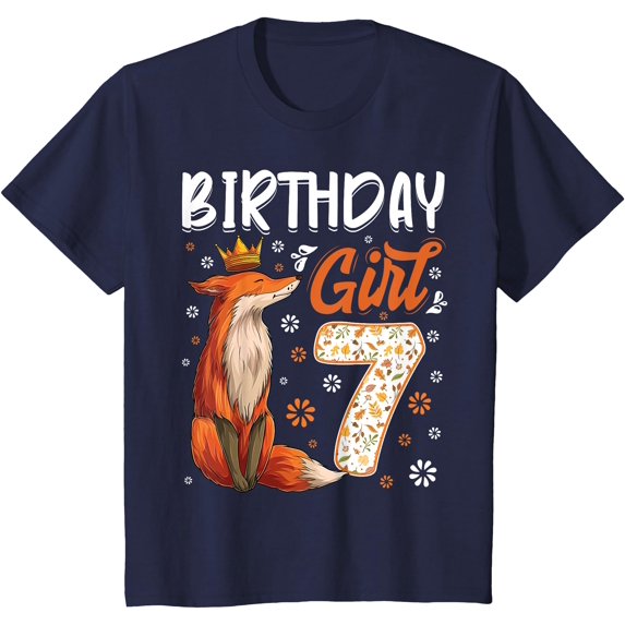 Fox Animal Lovers 7th Birthday Girl B-day 7 year old Unisex T-Shirt for Men Women Kids,Navy Color,Size L