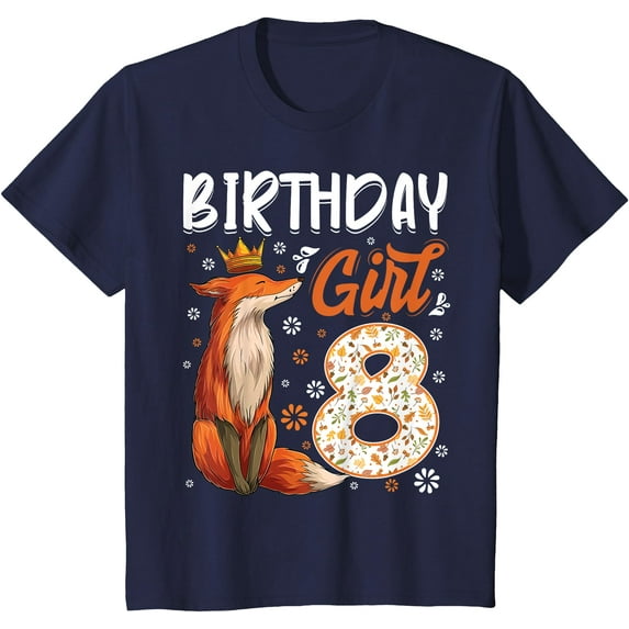Fox Animal Lovers 8th Birthday Girl B-day 8 year old Unisex T-Shirt for Men Women Kids,Navy Color,Size L