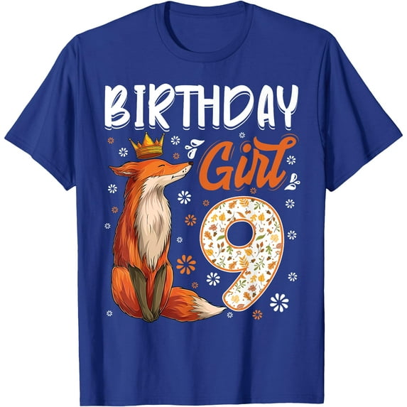 Fox Animal Lovers 9th Birthday Girl B-day 9 year old Unisex T-Shirt for Men Women Kids,Royal Blue Color,Size YL