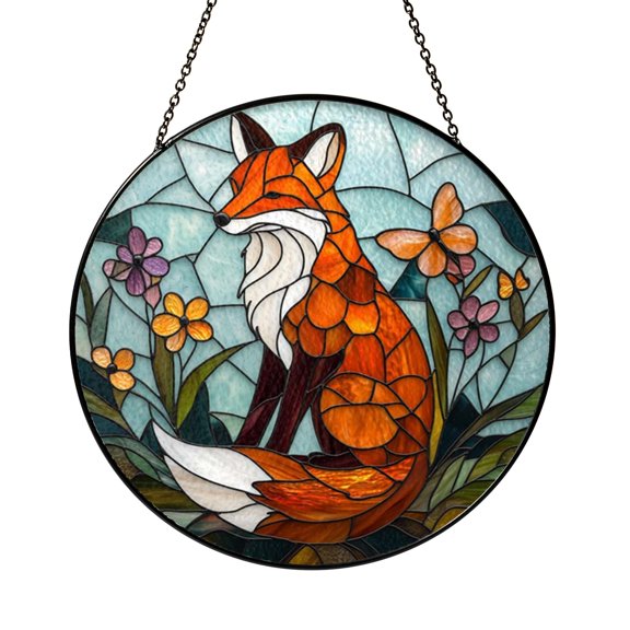 Fox Animal Window Sun Catcher, Bright Stained Glass Style Hanging Decor, Rustic Home Accent