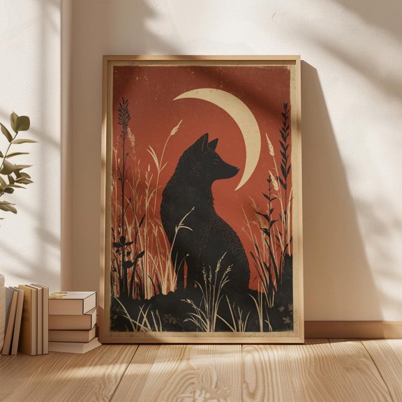 Fox Art Mystical Moon Red Rustic Woodland Nature Porch Display, Unframed Paper Poster 8x10in