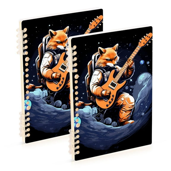 Fox Astronaut and Guita Ring Binder Notebook Journey Note Diary College Ruled Spiral Notebook Study Loose Leaf Paper A5 60 Pages