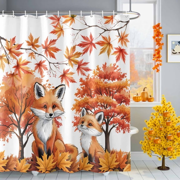 Fox Autumn Orange Maple Leaves Watercolor Shower Curtain for Bathroom, Cute Animal Waterproof Shower Curtains Washable Quick Dry with Hooks Bathtub Curtains 60x72 IN
