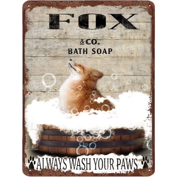 Fox Bath Soap Metal Tin Sign Wash Your Paws Retro Sign Home Livingroom Bathroom Decor Fun Gift Painting Plaque Alumimum Sign For Home Office Cafes Bars Apartment Hotel 5.5x8 Inch Sign Gift