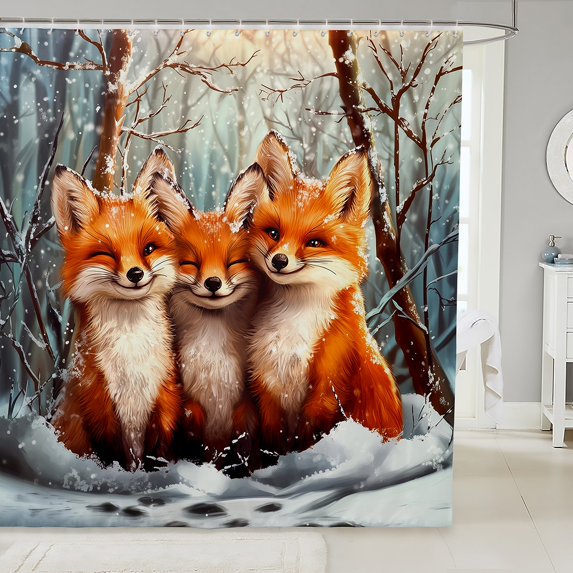 Fox Bathroom Curtain Cute Cartoon Woodland Animal Bath Curtain 72"Wx84"L Wildlife Fox Print Shower Curtain Adults Men Women Winter Snowflake Tree Bathtub Curtain