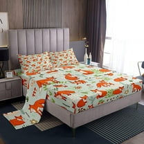 Fox Bed Sheets Boys Girls Cute Cartoon Woodland Fox Sheet Set for Kids Teens Ultra Soft Kawaii Mushroom Animal Bed Sheet Set Nature Bed Set Room Decor Queen Size