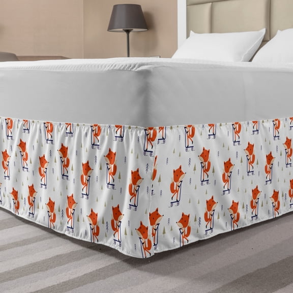 Fox Bed Skirt, Wild Animal Character with Scooter Little Repeating Trees, Elastic Bedskirt Dust Ruffle Wrap Around for Bedding Decor, 4 Sizes, Burnt Orange Indigo, by Ambesonne