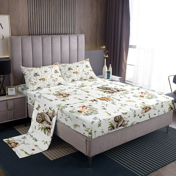 Fox Bed Sheets Set Woodland Animals Bear Elk Deer Queen Sheet Set,Botanical Jungle Leaf Sheets Tree Branch Plant Leaves Top Sheet,Cute Wildlife Wild Animal Room Decor