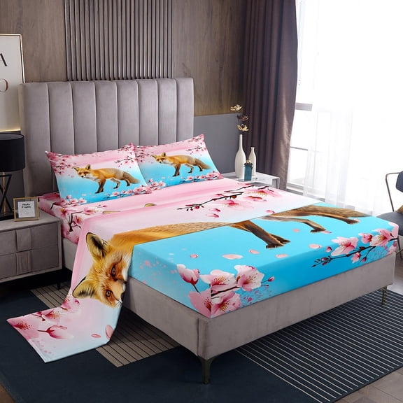 Fox Bed Sheets Set Woodland Animals Queen Sheet Set,Cherry Blossom Sheets Gradient Blue Pink Japan Floral Top Sheet,Japanese Flowers Cute Room Decor