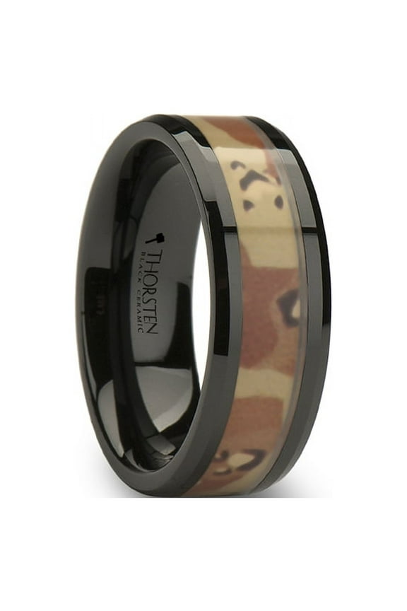 Fox Beveled Black Ceramic Ring With Real Military Style Desert Camo