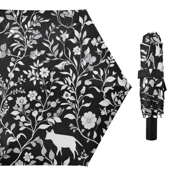 Fox Birds Flowers Leaves All Weather Umbrella Triple Folding Parasol 6 Ribs UV Protection Portable