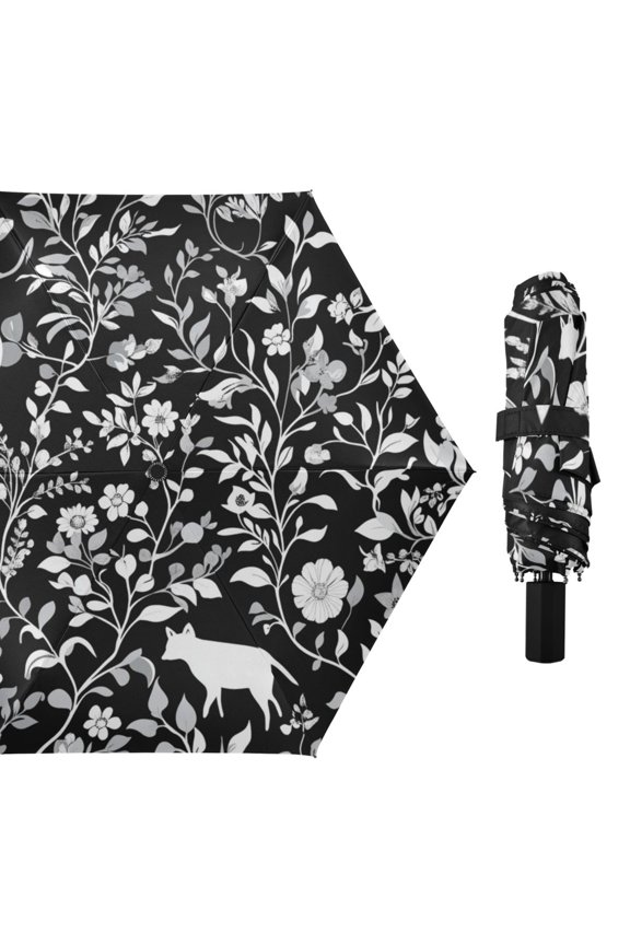 Fox Birds Flowers Leaves All Weather Umbrella Triple Folding Parasol 6 Ribs UV Protection Portable