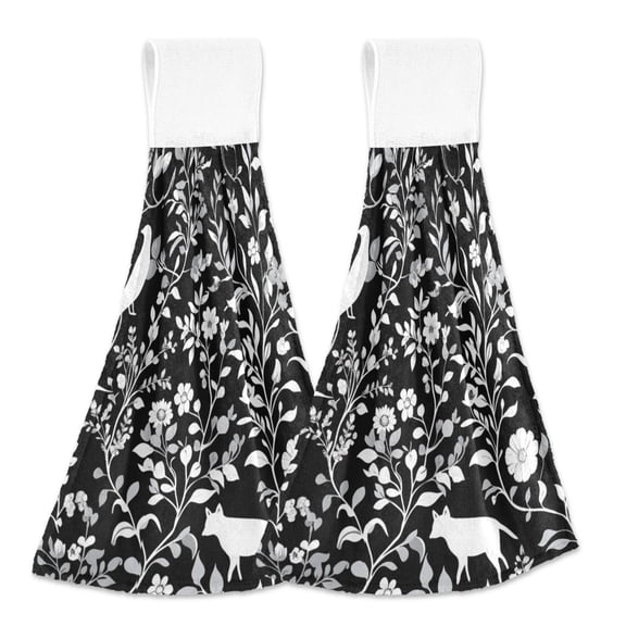 Fox Birds Flowers Leaves Hanging Towels with Loop Hand Towels Nylon Fastener Tape Design Dish Cloths 2 Pieces