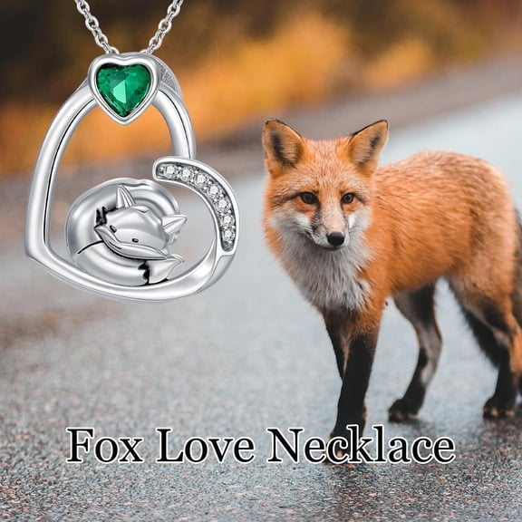 Fox Birthstone Necklace for Women 925 Sterling Silver Heart Fox Emerald Pendant Necklace Fox Jewelry Gifts for Mom Wife Girlfriend Sister.