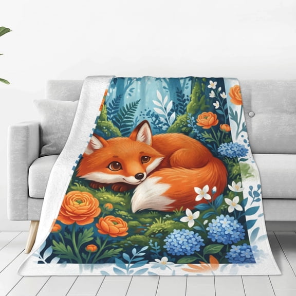 Fox Blanket, Cozy Animal Theme, Flannel Fleece Fox Decor, Warm Throw Blanket Gift for Adults 50x40