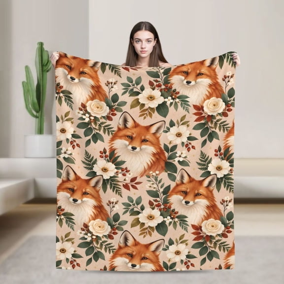 Fox Blanket Floral Woodland Pattern Flannel Throw Blanket Fox Lover Gift for Women Rustic Home Decor 50x40 in
