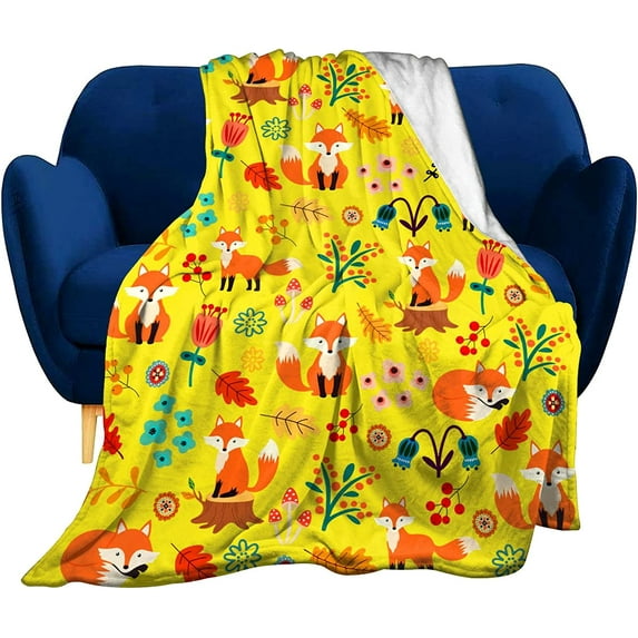 Fox Blanket Flower Soft Comfy Throw Blanket Flannel Fleece Blankets for Bedding Sofa Living Room Kids Adults Boys Girls Gifts 60"X50"