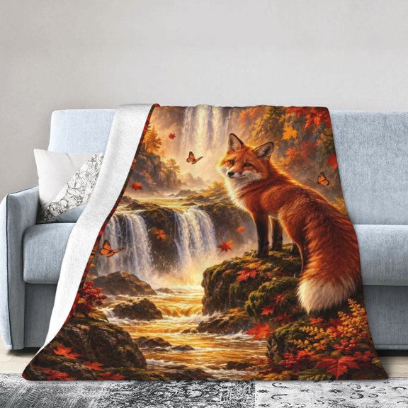 Fox Blanket Fox Autumn Waterfall Maple Soft Cozy Throw Blanket Gift for Women Family 50x40
